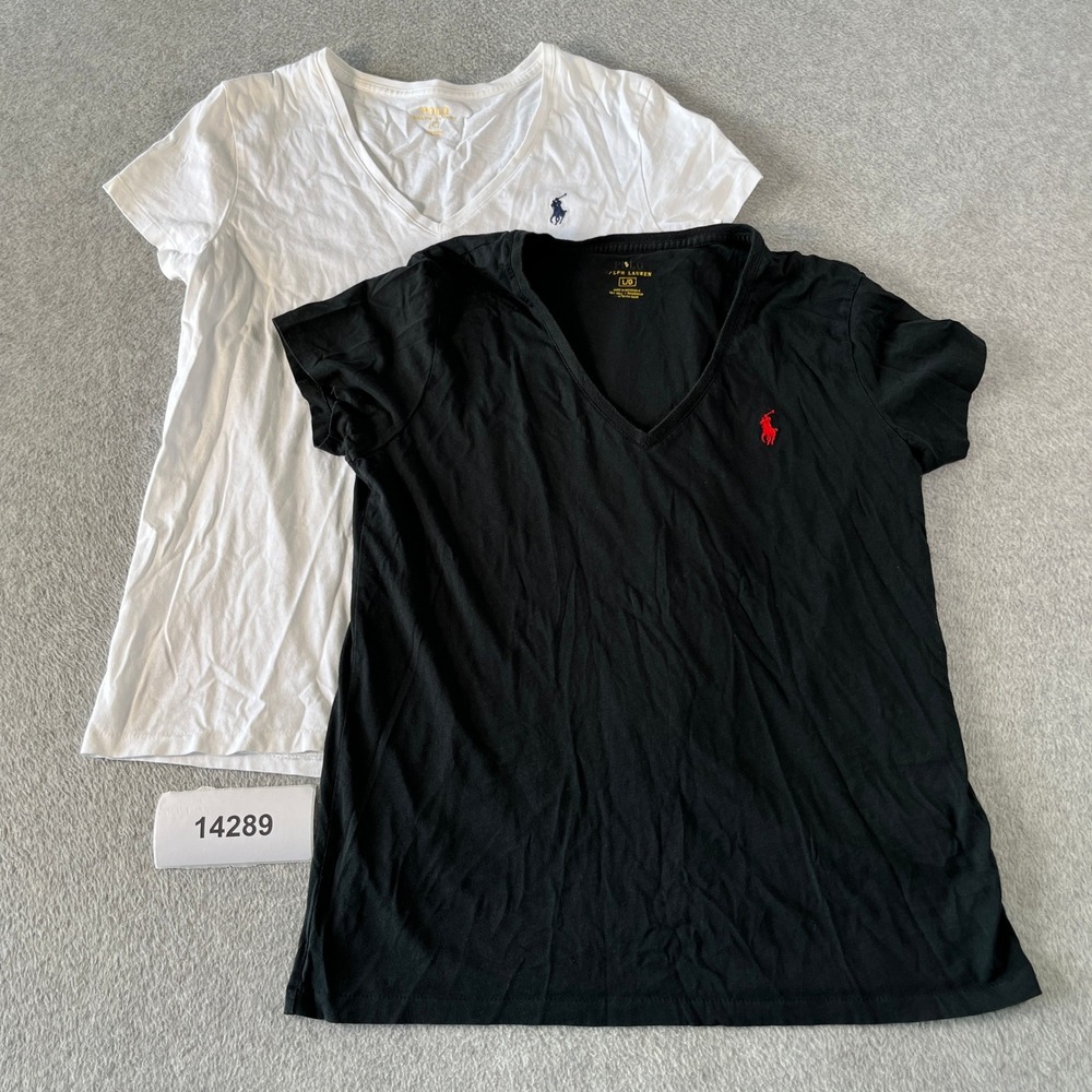 Polo Ralph Lauren T-Shirt Womens L Black White Cotton Stretch V-Neck  Lot of 2
